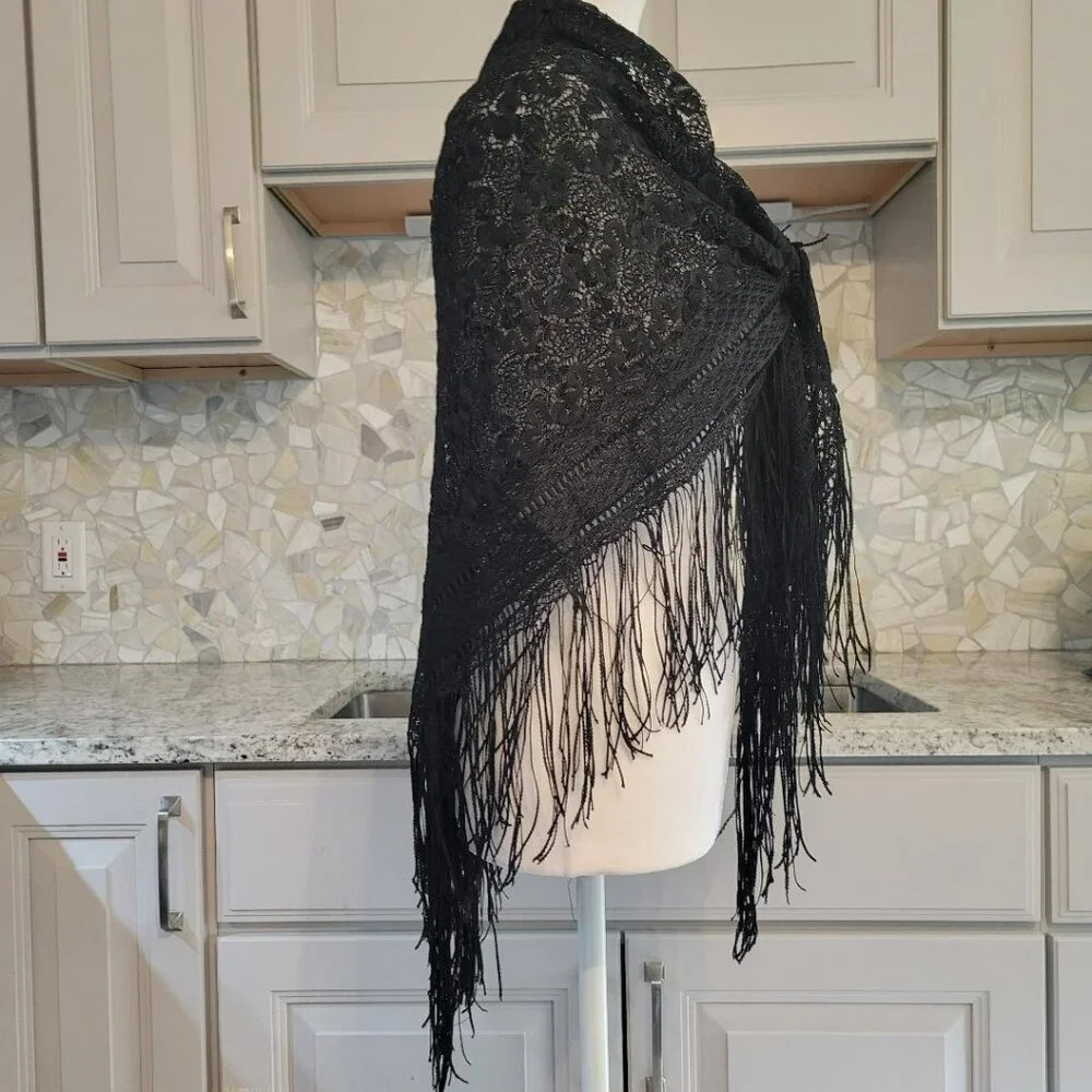 Black Fringe Shawl with sparkles 42x44, Sassy! - Picture 3 of 10